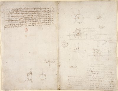 Arundel 263, f.35v, f.34 Ritningar på de mekaniska krafterna och krafterna, slagverk, gravitation, rörelse, optik och astronomi, med olika aritmetiska och geometriska propositioner. av Leonardo da Vinci