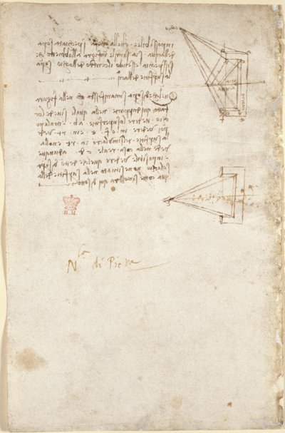 Arundel 263, f.93v Anteckningar och schematisk skiss om optik; notera 