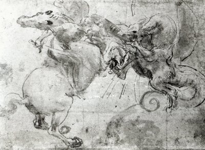 Strid mellan en ryttare och en drake, c.1482 (underritning med penna, penna och pensel på papper) av Leonardo da Vinci