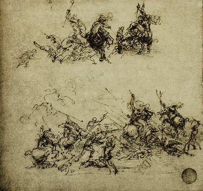 Stridsscen; teckning av Leonardo da Vinci. Gallerie dell