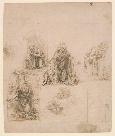 Kompositionsskisser för jungfrun som tillber Kristusbarnet, 1480-85 (silverpoint) av Leonardo da Vinci