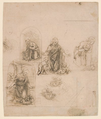 Kompositionsskisser till Jungfrun som tillber Kristusbarnet, med och utan den lille Johannes Döparen; diagram över en perspektivisk projektion (framsida); lätta klotter (baksida) av Leonardo da Vinci