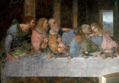 Detalj av La Cene (Il Cenacolo (Ultima Cena)) som från vänster till höger representerar aposteln Saint Barthelemy, Jakob, son till Alphee, Andre, Judas, Petrus och Johannes. 1495 - 1498. Fresk av Leonardo da Vinci (Leonardo da Vinci). Matsal i Santa Maria  av Leonardo da Vinci