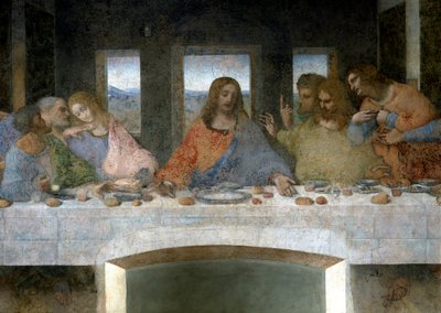Detalj av Cene (Il Cenacolo (Ultima Cena)) som till vänster representerar apolerna Judas, Petrus och Johannes, Kristus i mitten och apolerna Thomas, Jakob majoren och Filip. Bokstaven V mellan Johannes och Kristus skulle hänvisa till gralens bägare eller t av Leonardo da Vinci