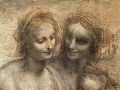 Detalj av Jungfruns och St. Annes huvuden, från Jungfrun och barnet med SS. Anne och Johannes döparen, ca 1499 (kol och vit krita på papper, monterad på duk) av Leonardo da Vinci