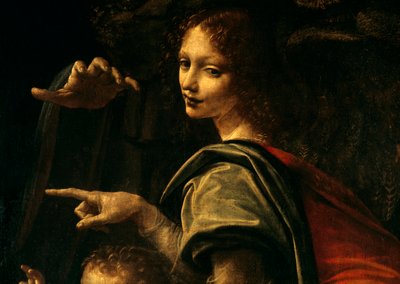 Detalj av Jungfrun med klippor, Johannes Döparen pekande finger och Jungfru Marias hand av Leonardo da Vinci