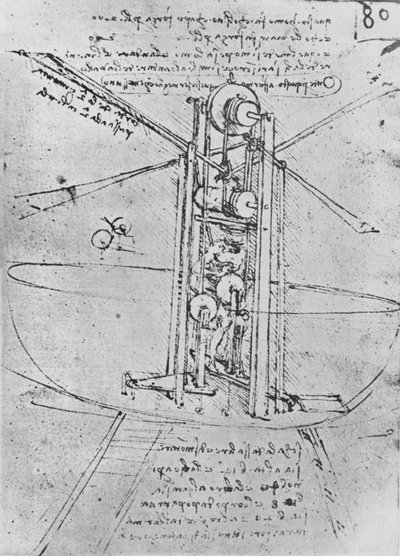 Ritning av en flygande maskin med en man som använder den, c1480 1945 av Leonardo da Vinci