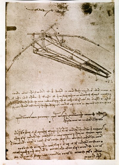 Utdrag ur ett Da Vinci-manuskript som beskriver principen för och konstruktionen av en "flygande maskin" (manuskript) av Leonardo da Vinci