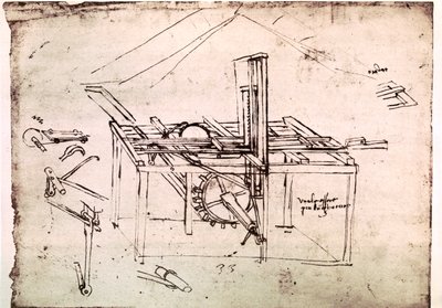 Utdrag ur ett Da Vinci-manuskript som beskriver principen för och konstruktionen av en "hydraulisk såg med automatisk framdrivning" (manuskript) av Leonardo da Vinci