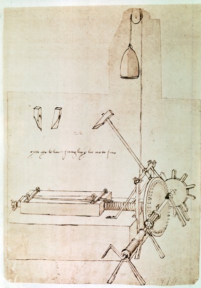 Utdrag ur ett Da Vinci-manuskript som beskriver principen för och konstruktionen av en "maskin för indragning av filer" (manuskript) av Leonardo da Vinci