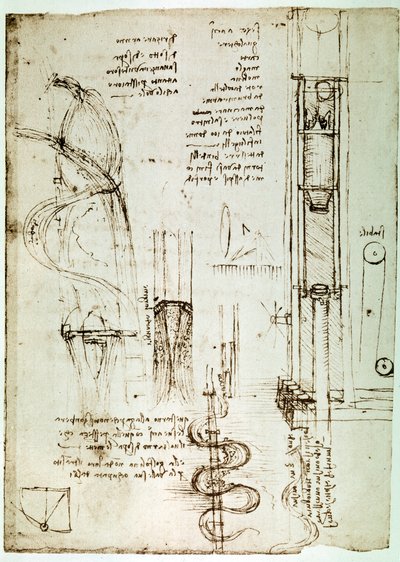 Utdrag ur ett Da Vinci-manuskript som beskriver principen för och konstruktionen av en "Pile Drive (Pile Mallet)" (manuskript) av Leonardo da Vinci