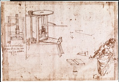 Utdrag ur ett Da Vinci-manuskript som beskriver principen för och konstruktionen av en "pressmaskin" för tryckning (manuskript) av Leonardo da Vinci