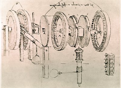 Utdrag ur ett Da Vinci-manuskript som beskriver principen för och konstruktionen av "Transformation of Alternate Motion into Continuous Motion" (manuskript) av Leonardo da Vinci