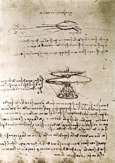 Utdrag ur ett Da Vinci-manuskript som beskriver principen för och konstruktionen av "Aerial Screw (Helicopter)" (manuskript) av Leonardo da Vinci