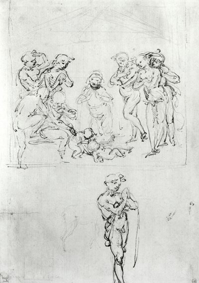 Figural Studies for the Adoration of the Magi, c.1481 (penna och bläck och metallspets på papper) av Leonardo da Vinci