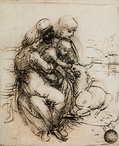 Första idén för Madonnan och Child och Saint Ann; teckning av Leonardo da Vinci. Gallerie dell
