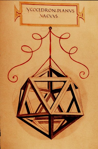 Geometri: "" An Icosahedron"" Sidan hämtad från manuskriptet "" De divina proportione"" (Om gudomliga proportioner) av matematikern Fra Luca Pacioli dit Luca di Borgo (1445-1517) illustrerad av Leonardo da Vinci (1452-1519). 1509. av Leonardo da Vinci