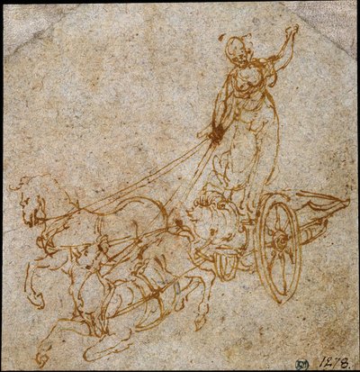 En gudinna som står i en vagn dragen av två hästar, varav den ena håller på att falla av Leonardo da Vinci
