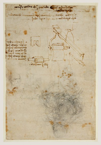 Head of an Old Man and Studies of Machinery, c.1503-06 (svart krita, penna och brunt bläck) av Leonardo da Vinci