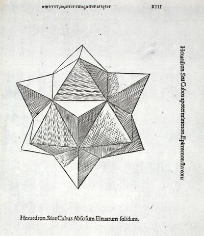 Hexaedron av en avskuren förhöjd solid, illustration från "Divine Proportion" av Luca Pacioli (c.1445-1517), ursprungligen pub. Venedig, 1509 av Leonardo da Vinci