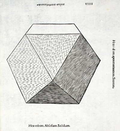 Solid Hexaedron, illustration från "Divine Proportion" av Luca Pacioli (c.1445-1517), ursprungligen pub. Venedig, 1509 av Leonardo da Vinci