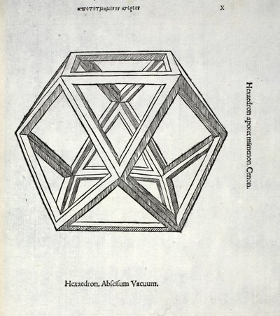 Hexaedron Abscissum Vacuum, illustration från "Divine Proportion" av Luca Pacioli (c.1445-1517), ursprungligen pub. Venedig, 1509 av Leonardo da Vinci