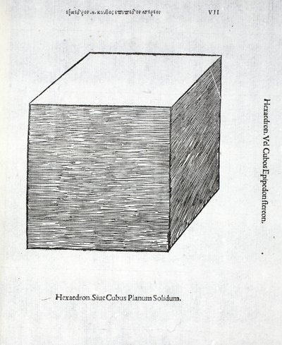 Den solida plana hexaedronen, illustration från "Divine Proportion" av Luca Pacioli (c.1445-1517), ursprungligen pub. Venedig, 1509 av Leonardo da Vinci