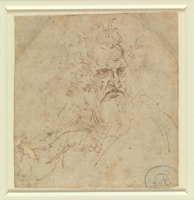 Huvudet på en grymt blickande gråhårig man med högerarm av Leonardo da Vinci