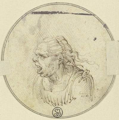 Karikatyr av en kvinna med öppen mun, bröstbild, i profil åt vänster av Leonardo da Vinci