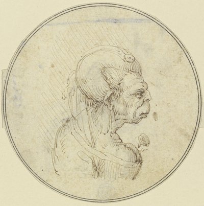Karikatyr av en äldre kvinna, bröstbild med en ros i bröstet, i profil åt höger av Leonardo da Vinci