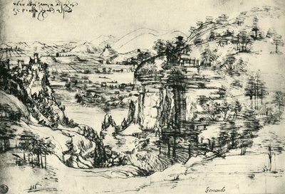 Landskapsteckning för Santa Maria della Neve den 5 augusti 1473, 1943. av Leonardo da Vinci