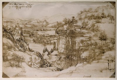 Landskapet i Santa Maria della Neve: landskapet i Arno-dalen (pennteckning av Leonardo da Vinci