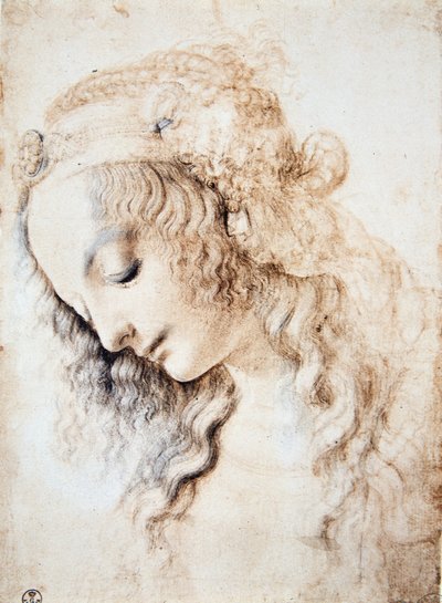 Leonardo da Vinci (Leonardo da Vinci) (1452 - 1519): Porträtt av en flicka med slutna ögon och huvudet nedåt med håret prydt med ett band berikat med smycken (Immagina) av Leonardo da Vinci