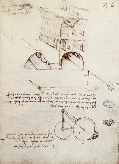 Manuskript B, f 36 r Arkitektstudier, utveckling och delar av byggnader i stad med upphöjda gator (penna & bläck på papper) av Leonardo da Vinci