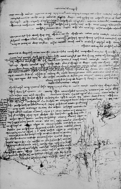 Sida med text med skisser av landskap, c1480 1945 av Leonardo da Vinci