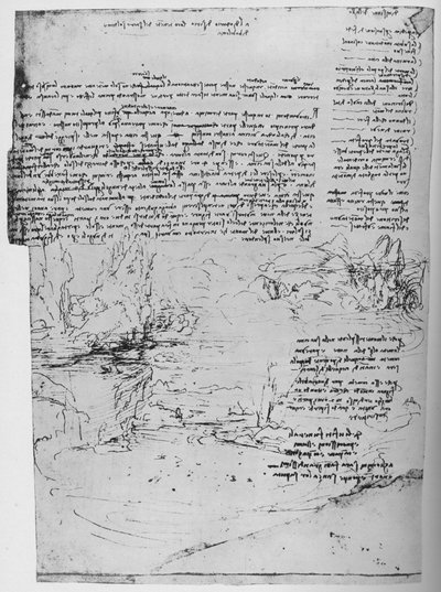 Sida med text med skisser av landskap, c1480 1945 av Leonardo da Vinci
