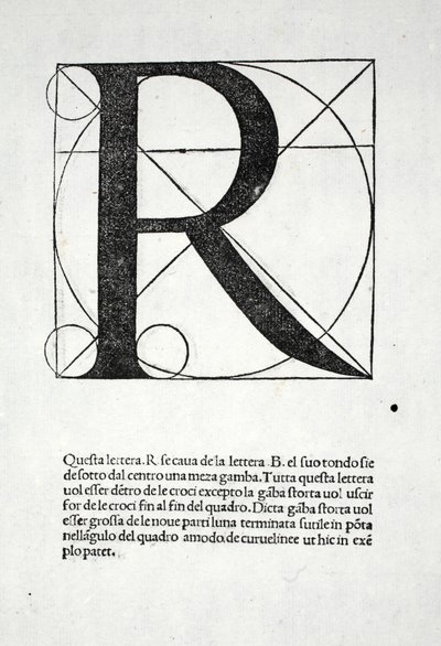 R, illustration från "Divina Proportione" av Luca Pacioli (c.1445-1517), ursprungligen pub. Venedig, 1509 av Leonardo da Vinci