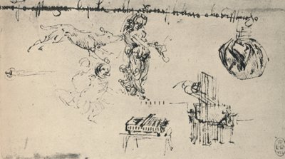 Ark med studier med en ung kvinna, en varg, etc., c1480 1945 av Leonardo da Vinci