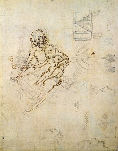 Studies for a Virgin and Child and of Heads in Profile and Machines, c.1478-80 (penna och bläck på papper) av Leonardo da Vinci