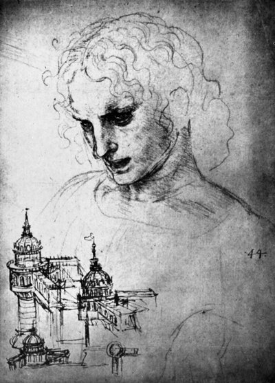 Studie för chefen för St James och en arkitektonisk ritning, 1400-talet 1930. av Leonardo da Vinci