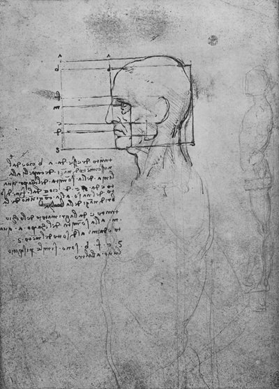 Study of a Mans Naken Torso, the Head Squared for Proportion, c1480 1945 av Leonardo da Vinci