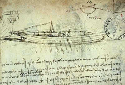 Studie av båt utrustad med en serie åror av Leonard de Vinci (Leonardo da Vinci) (1452 - 1519). Rita med penna och bläck. Manuskript. Institut de Frances bibliotek. Paris. av Leonardo da Vinci