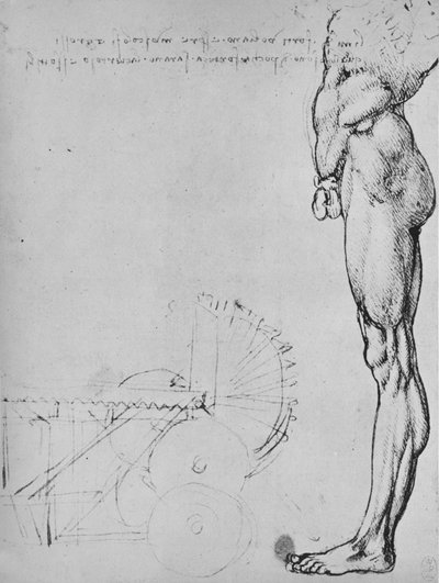 Studie av den nedre hälften av en man och av maskiner, c1480 1945 av Leonardo da Vinci