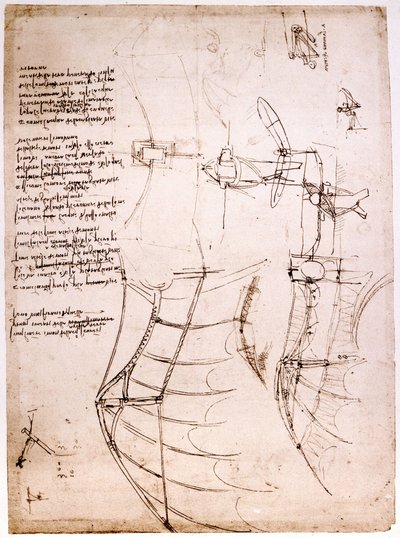 Studera på vingar. Codex Atlantic. Atlantic Codex, teckning av Leonard de Vinci (Leonardo da Vinci) omkring 1499. av Leonardo da Vinci