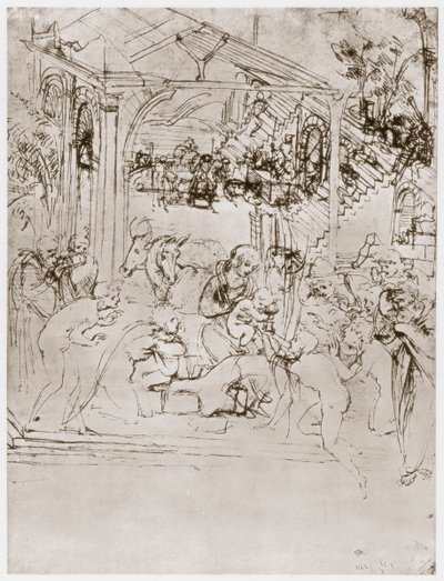 Konungarnas tillbedjan, c1480 av Leonardo da Vinci