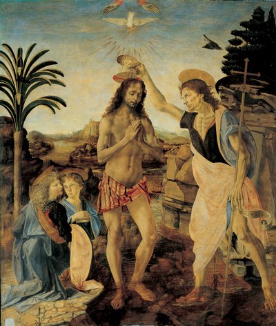 Kristi dop runt 1475 - 1478 av Andrea del Verrocchio (1436-1488) och Leonardo da Vinci (Leonard av Vinci) (1452-1516), Olja och tempera på trä av Leonardo da Vinci