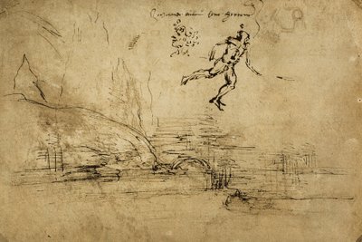 Baksidan av en landskapsteckning med figuren av en soldat: pennteckning av Leonardo da Vinci. Cabinet of Drawings and Prints, Uffizi Gallery, Florens av Leonardo da Vinci