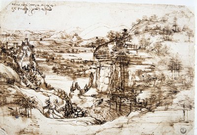 Den första kända teckningen av Leonard de Vinci (Leonardo da Vinci) (1452-1519), "" Landskapet i Santa Maria della Neve"": landskapet i dalen Arno, nära Florens. av Leonardo da Vinci