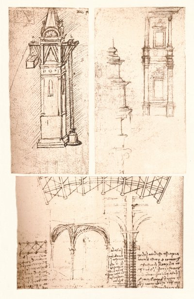 Tre arkitektoniska ritningar, c1472-c1519 1883 av Leonardo da Vinci
