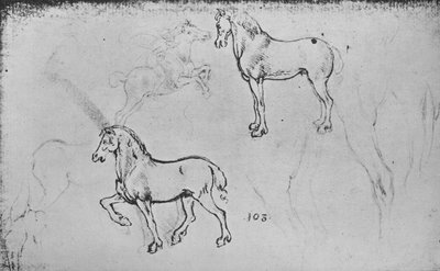 Två studier av hästar, en av en galopperande ryttare och andra av hästars ben, c1480 1945 av Leonardo da Vinci
